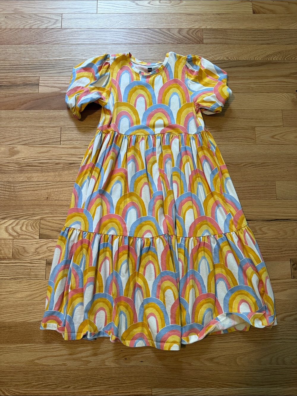 Tea Collection Yellow Rainbow Tiered Puff Sleeve Dress with Pink & Blue Accents